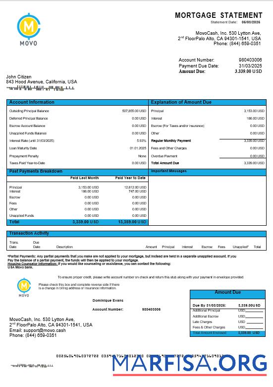 Realistic USA MOVO bank mortgage statement in Word and PDF formats download for verification